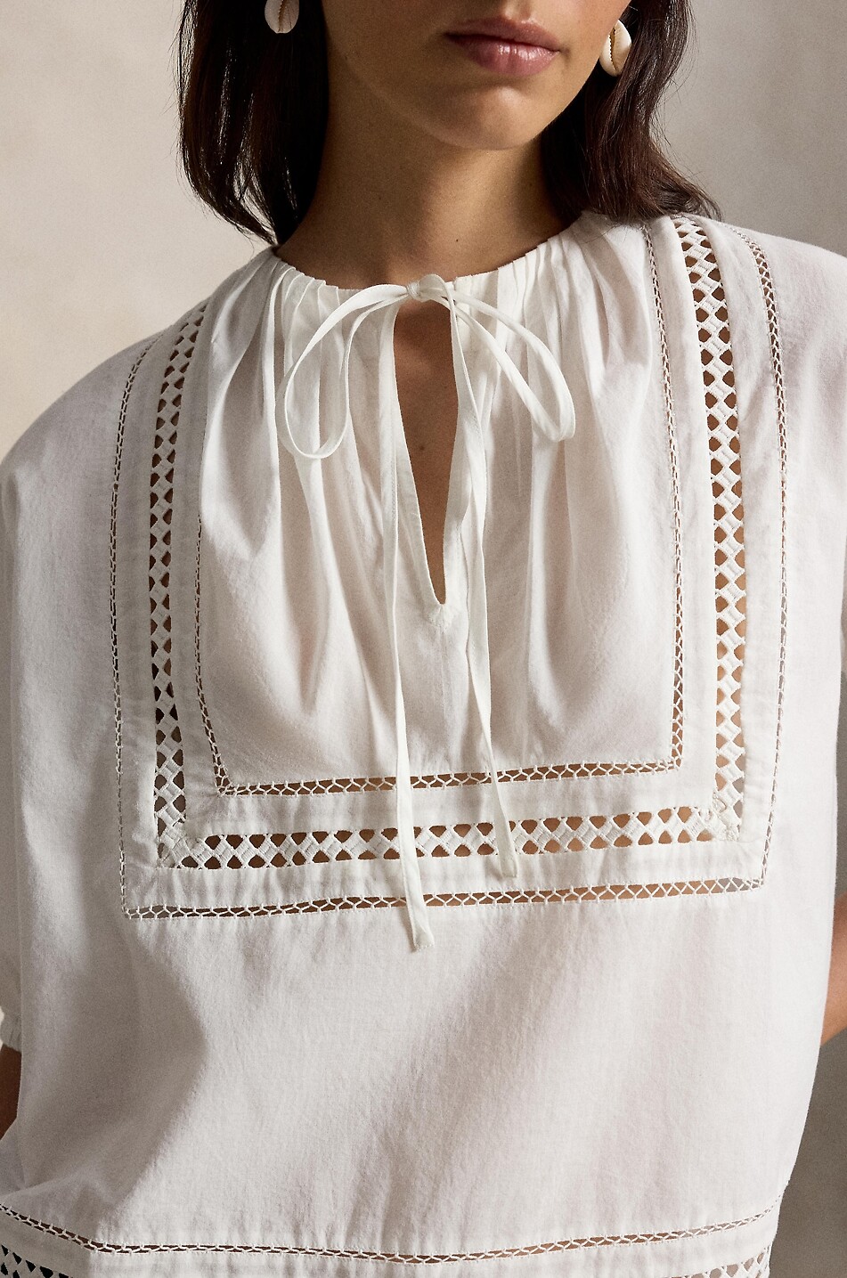 POLO RALPH LAUREN Puff-sleeved cotton blouse with lace trim Women WHITE 4