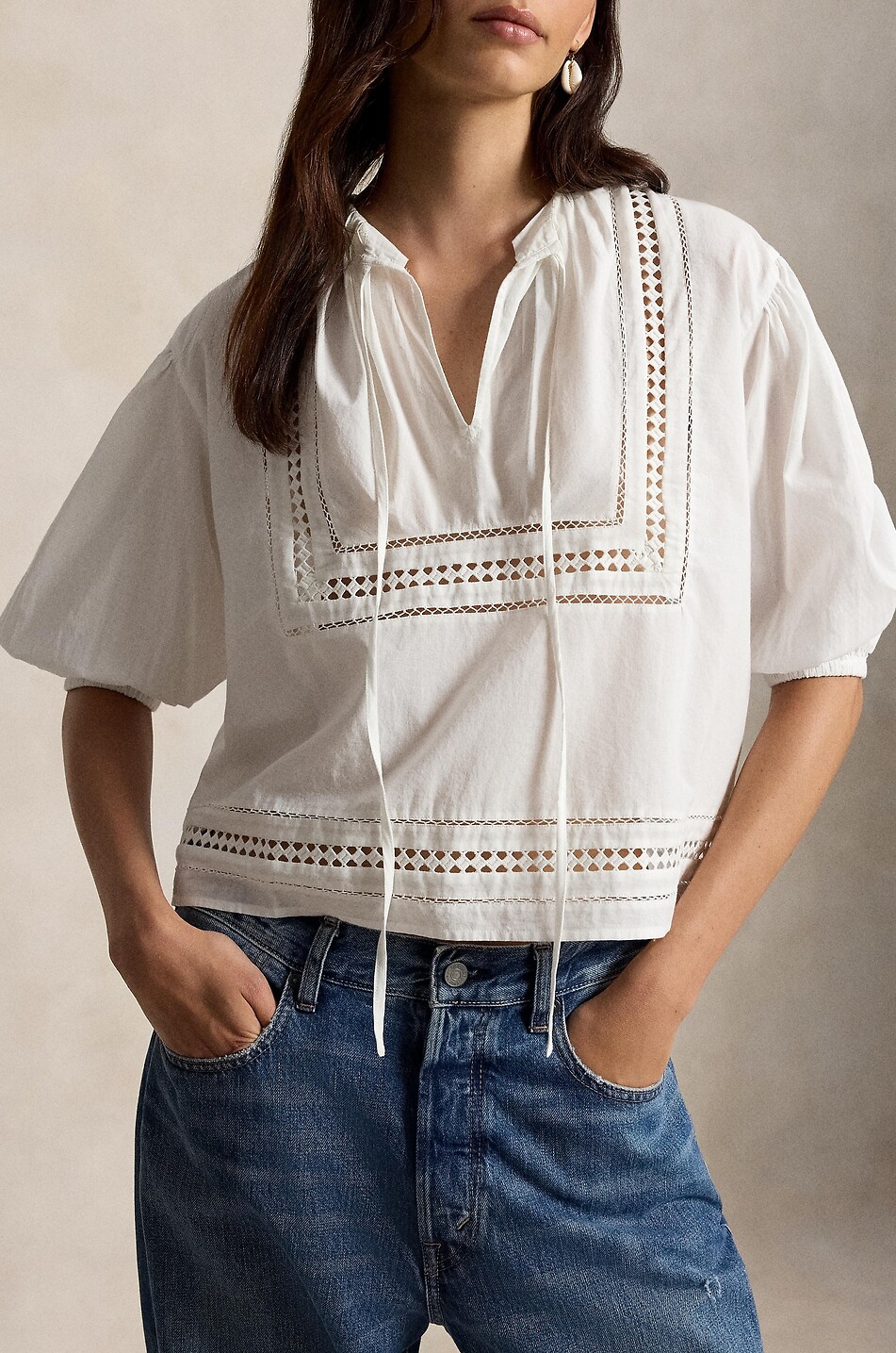 POLO RALPH LAUREN Puff-sleeved cotton blouse with lace trim Women WHITE 5