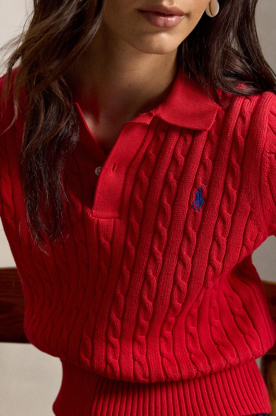 POLO RALPH LAUREN Pony cable knit cotton polo shirt Women RED 4