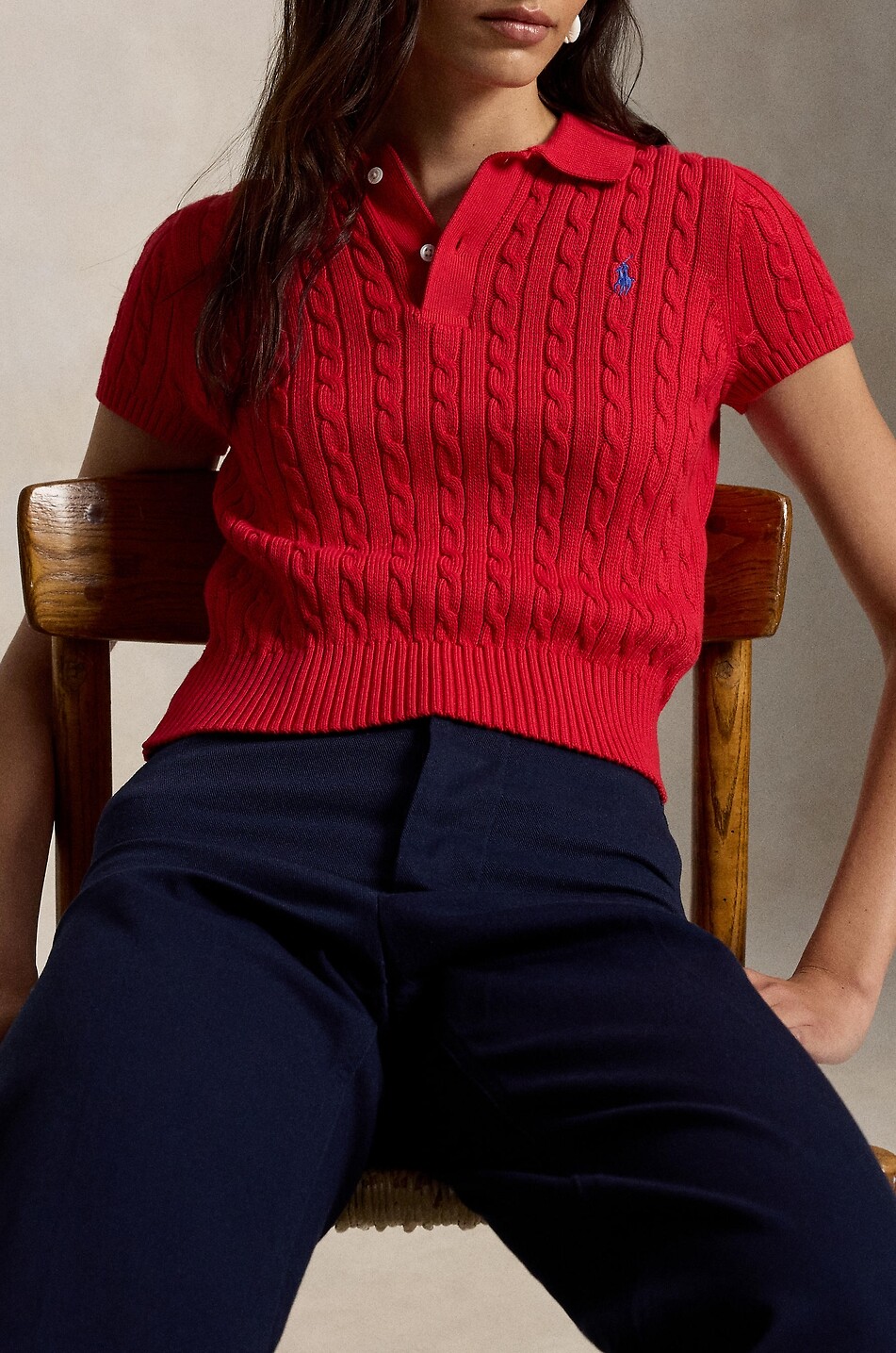 POLO RALPH LAUREN Pony cable knit cotton polo shirt Women RED 6