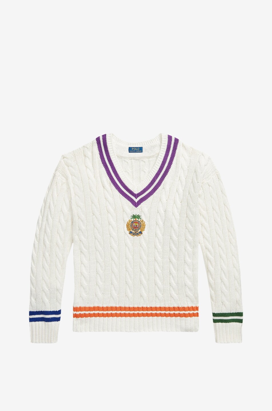 Cricket linen and cotton V-neck cable-knit jumper