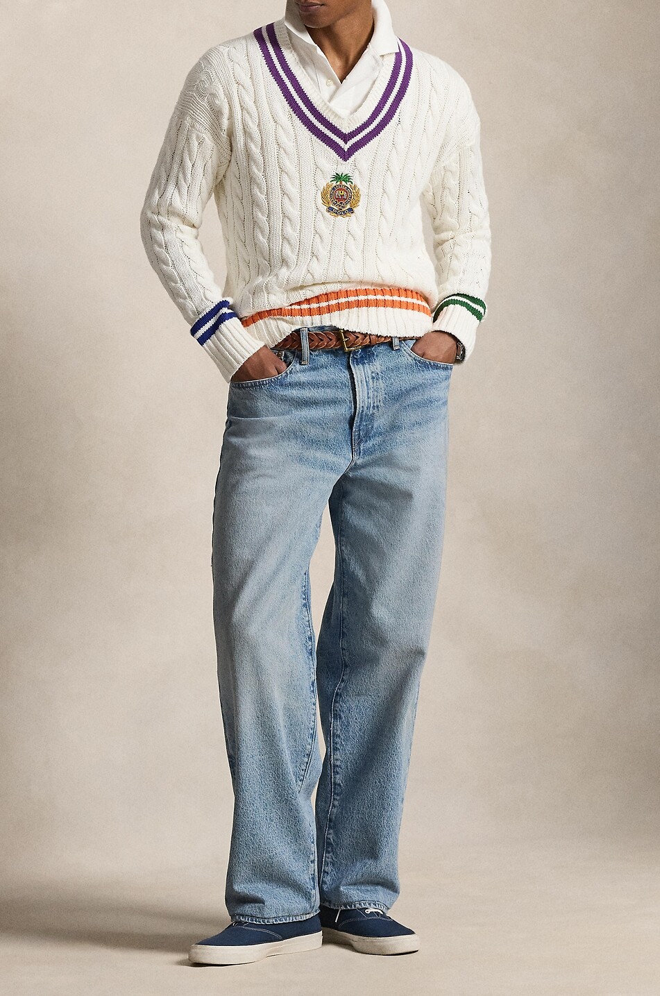 POLO RALPH LAUREN Cricket linen and cotton V-neck cable-knit jumper Men EGGSHELL 2