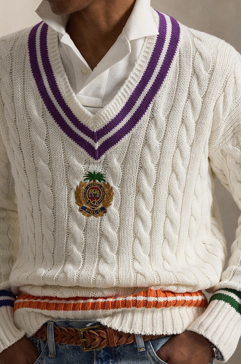 POLO RALPH LAUREN Cricket linen and cotton V-neck cable-knit jumper Men EGGSHELL 4