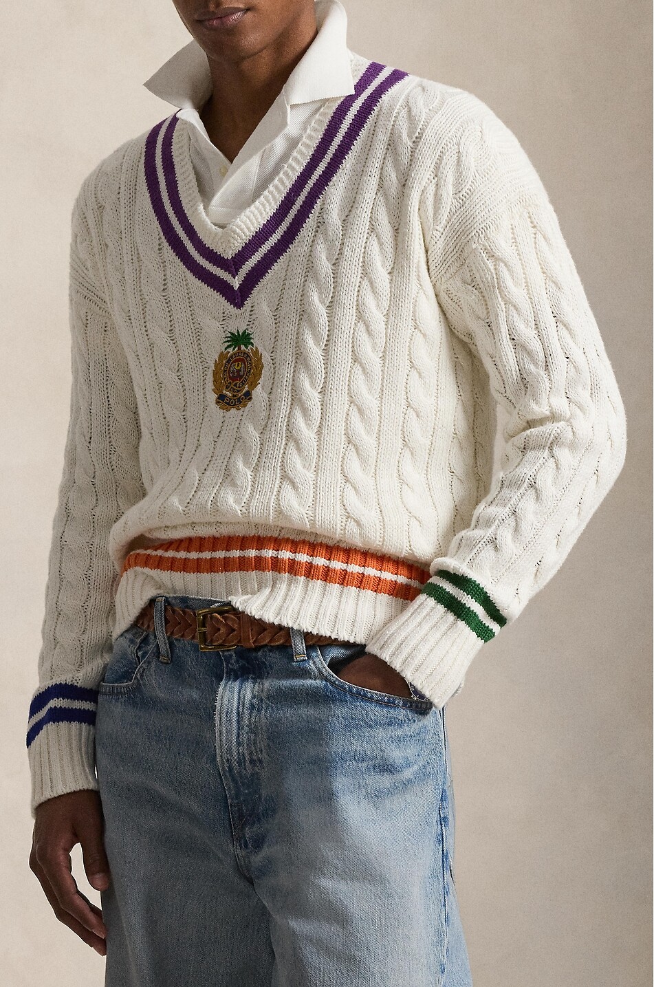 POLO RALPH LAUREN Cricket linen and cotton V-neck cable-knit jumper Men EGGSHELL 5