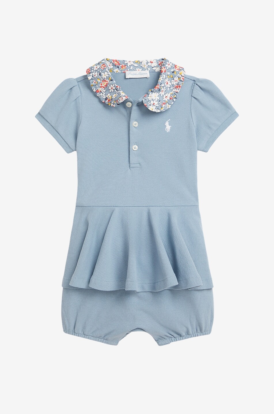 POLO RALPH LAUREN Pony baby cotton piqué playsuit with floral collar and pleated skirt Baby BLUE 1