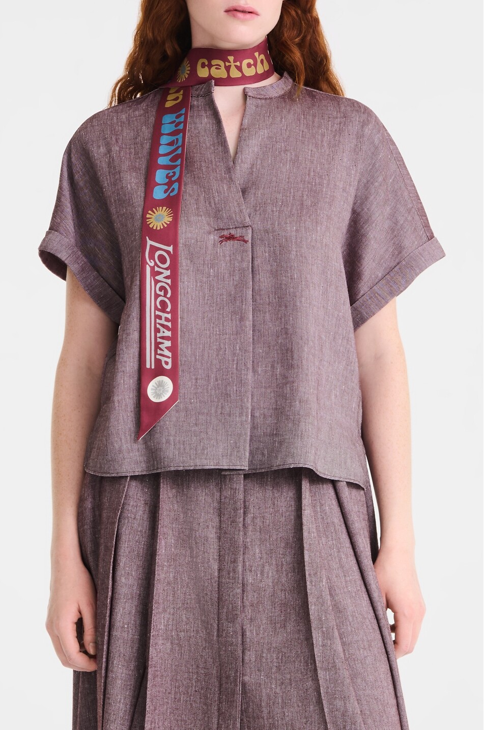 LONGCHAMP Catch The Parisian Wave twill silk rectangular scarf Women DARK PINK 2