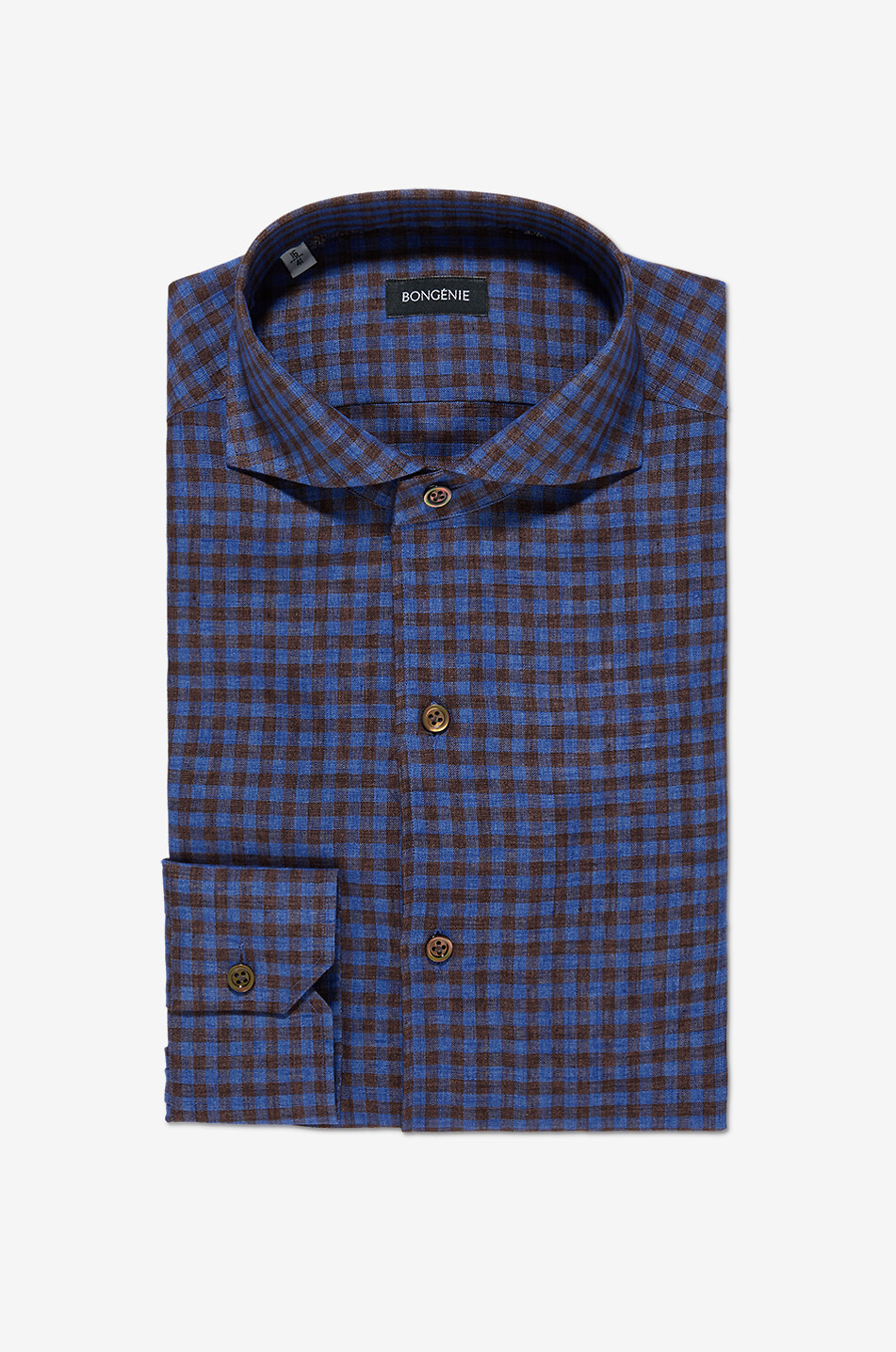 BONGENIE Gingham check linen long-sleeved shirt with Italian collar Men MEDIUM BLUE 1