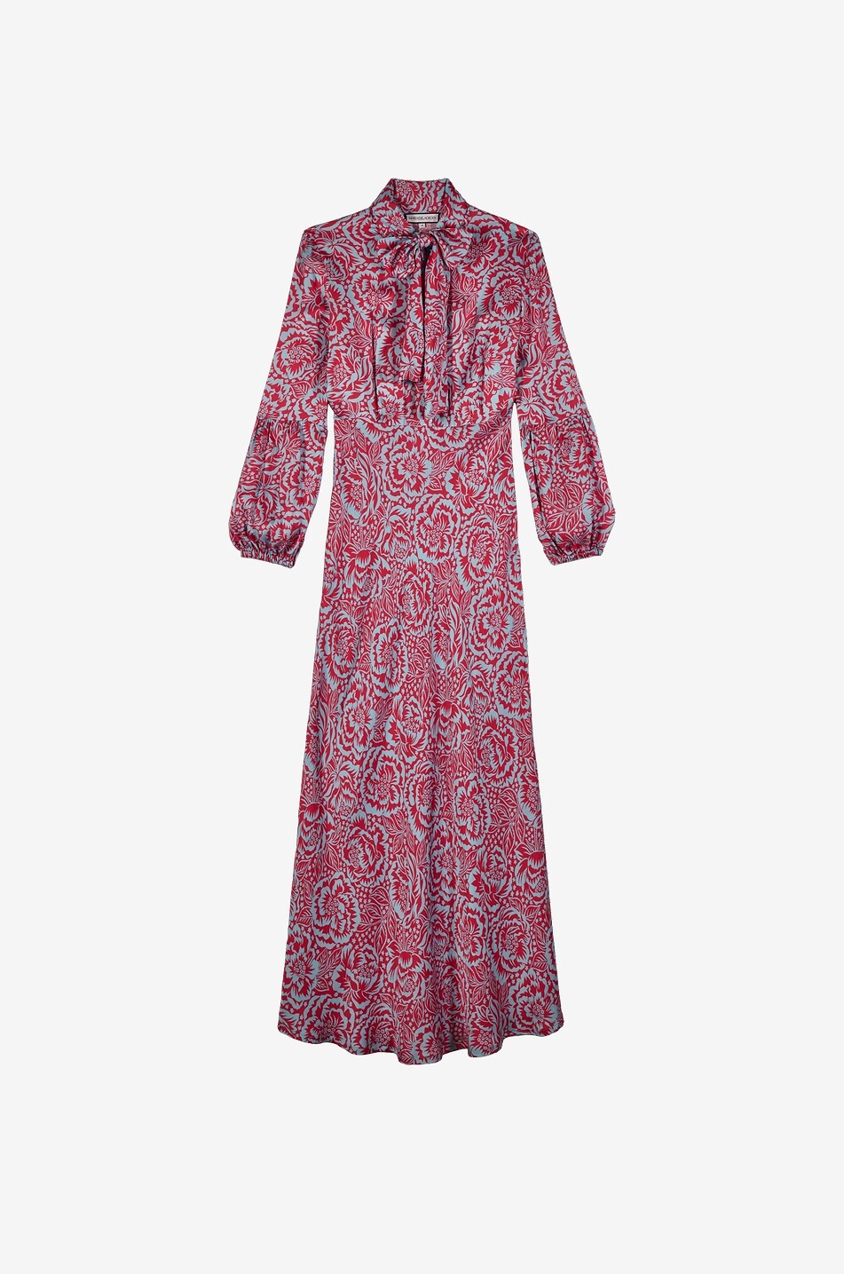 Coco floral crêpe long dress with puffed sleeves and necktie