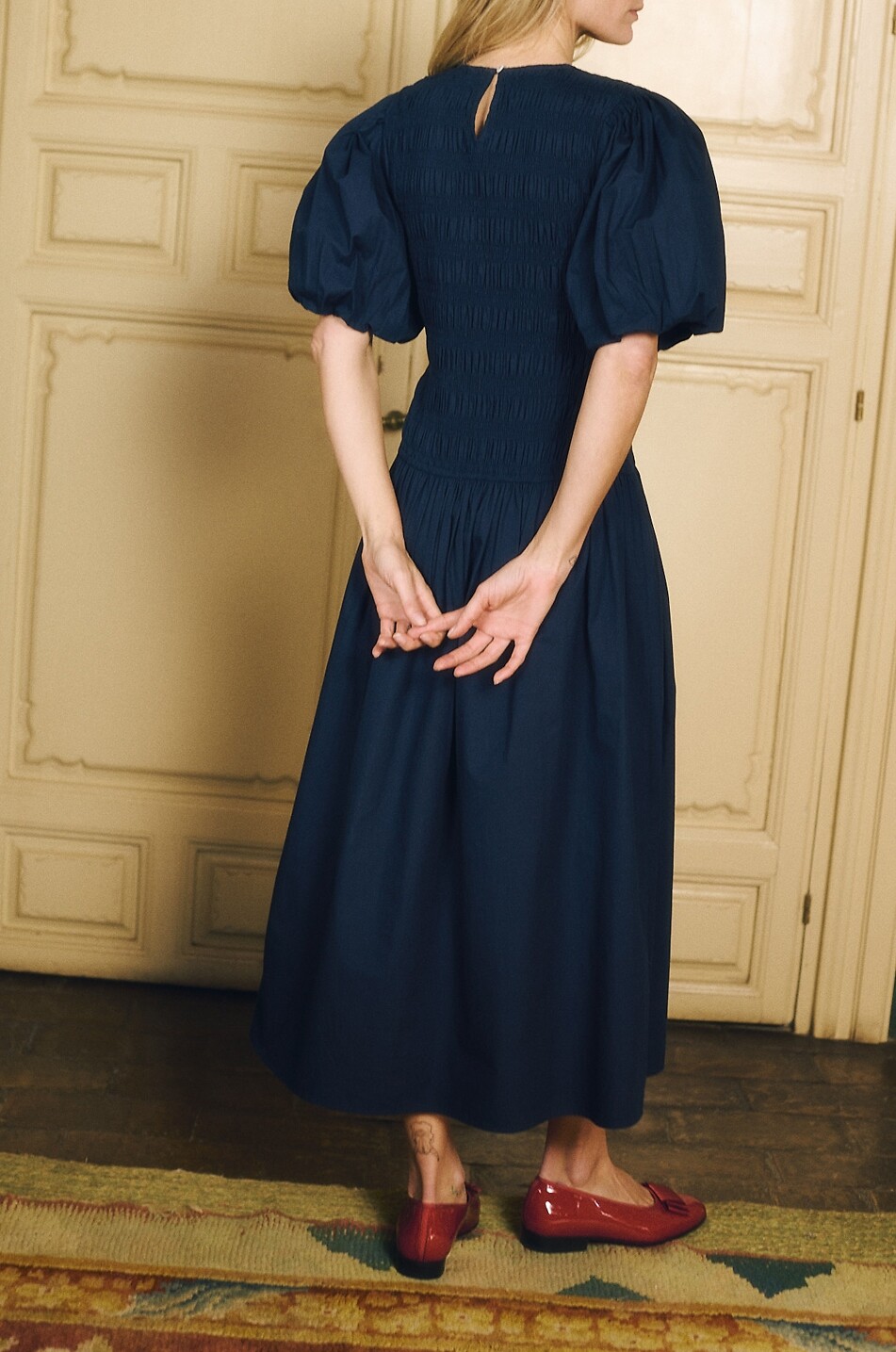 MARIA DE LA ORDEN Diana smocked cotton midi dress Women DARK BLUE 3