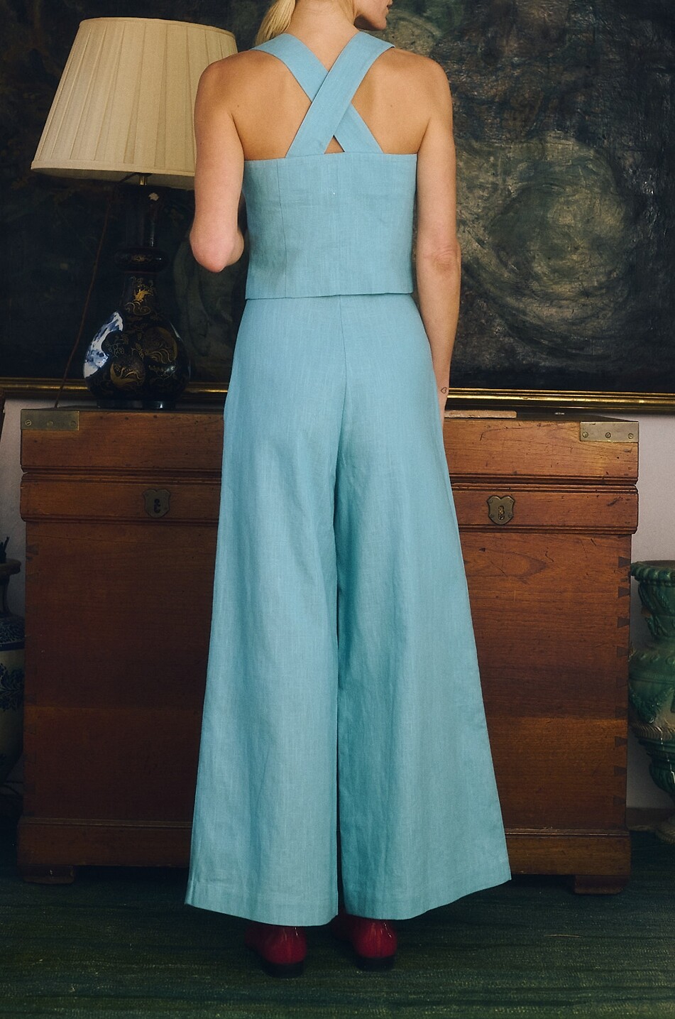 MARIA DE LA ORDEN Top à bretelles en coton et lin à applications florales Billie Femme BLEU CLAIR 4