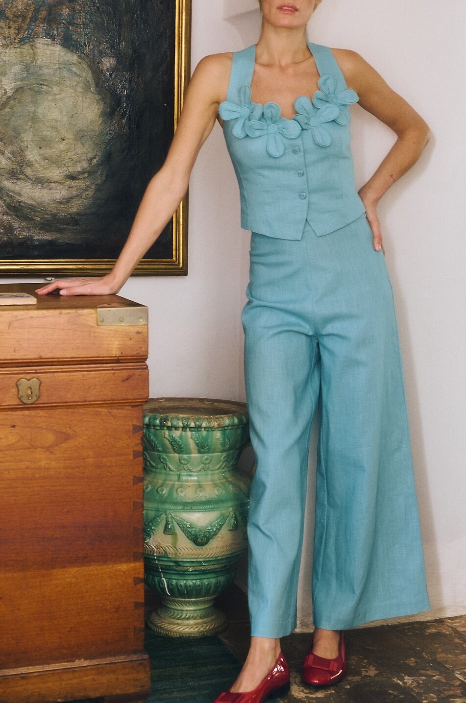 MARIA DE LA ORDEN Top à bretelles en coton et lin à applications florales Billie Femme BLEU CLAIR 8