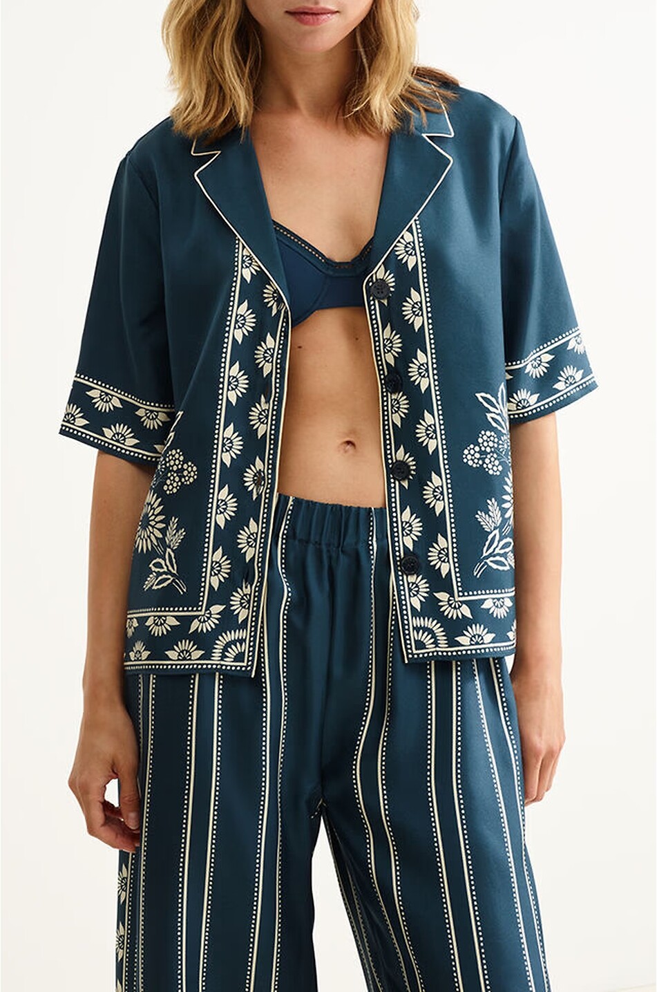 ERES Chemise de pyjama en soie imprimée Mentholée Femme BLEU 5