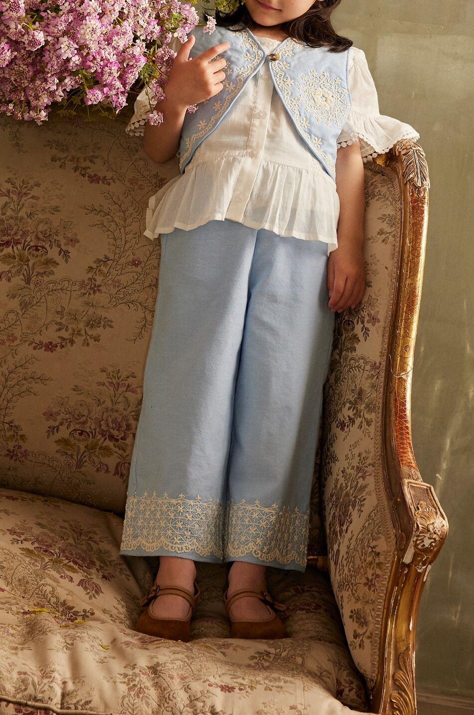 LOUISE MISHA Weite bestickte Hose aus Bio-Baumwolle für Mädchen Florelia Mädchen BLAU 2