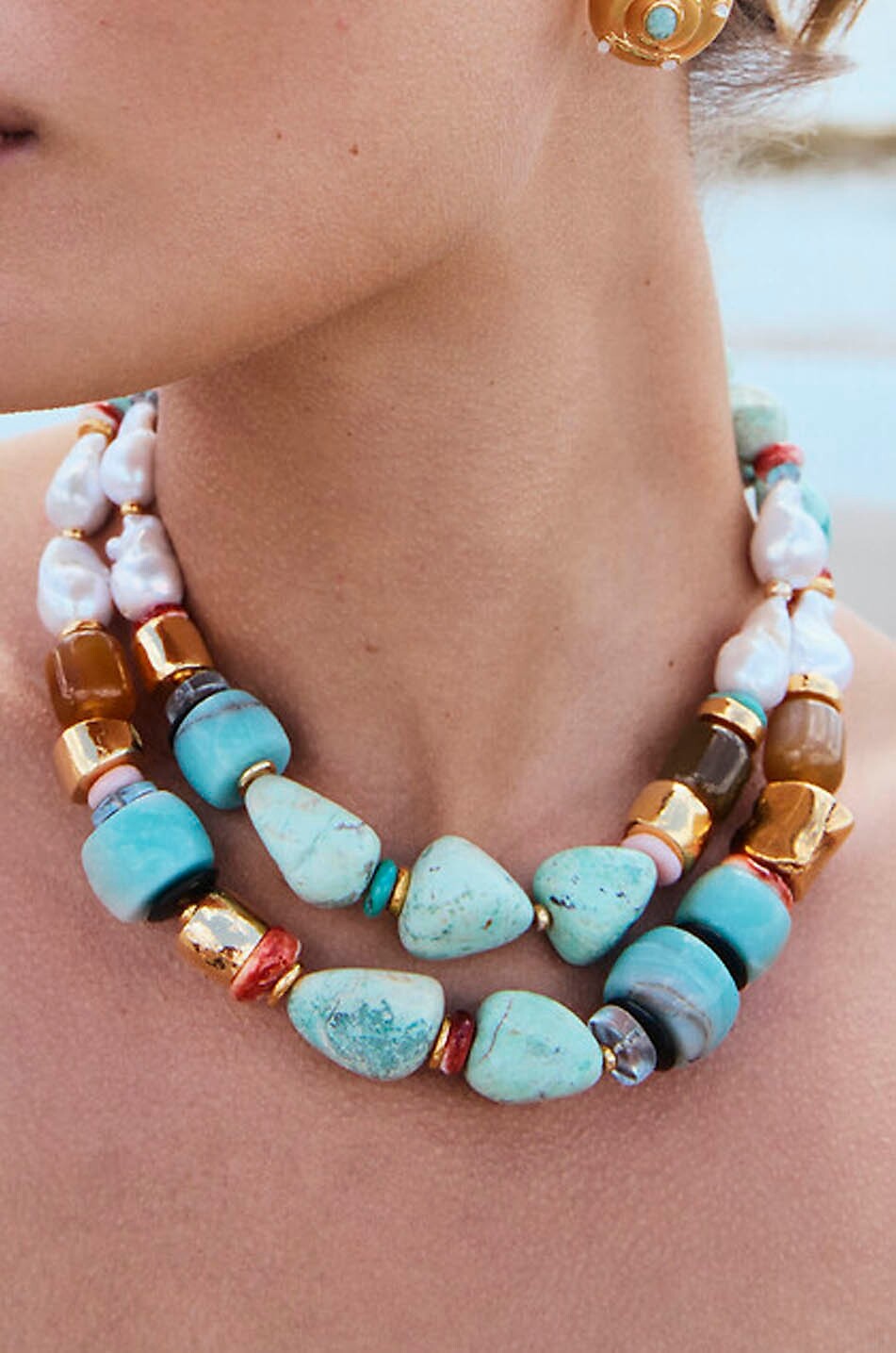 LIZZIE FORTUNATO Clous d'oreilles dorés ornés d'amazonite et nacre Nautilus Femme DORE 2