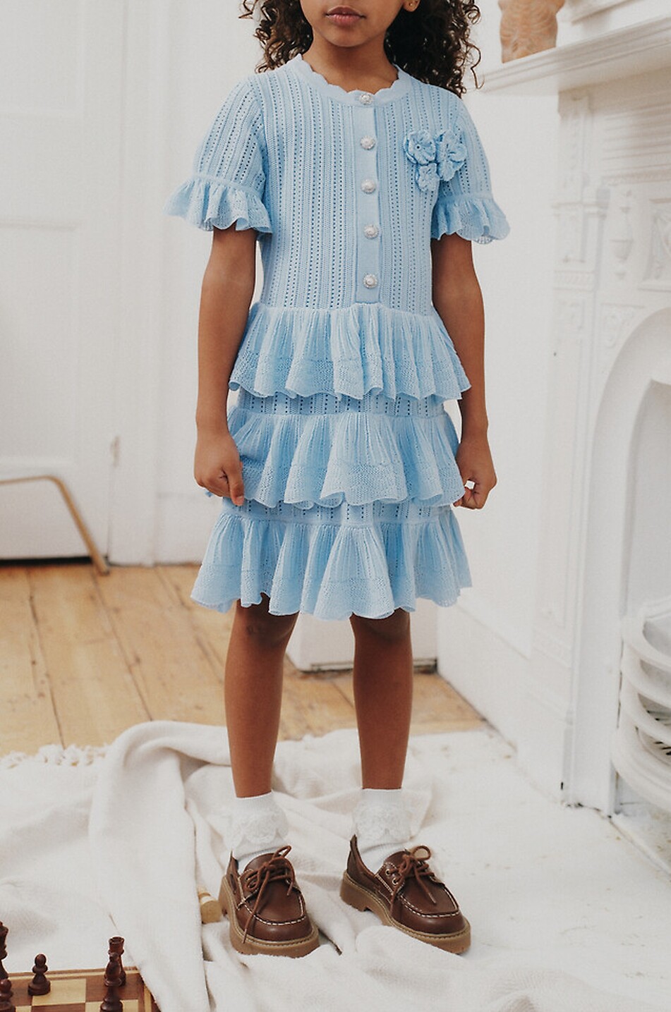 SELF PORTRAIT Girls' short tiered-flounced knit dress Girl LIGHT BLUE 2