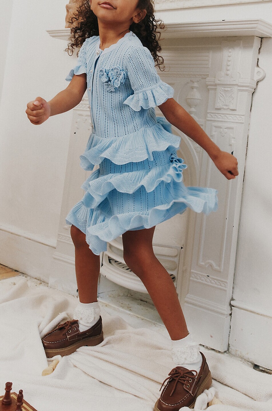 SELF PORTRAIT Girls' short tiered-flounced knit dress Girl LIGHT BLUE 4