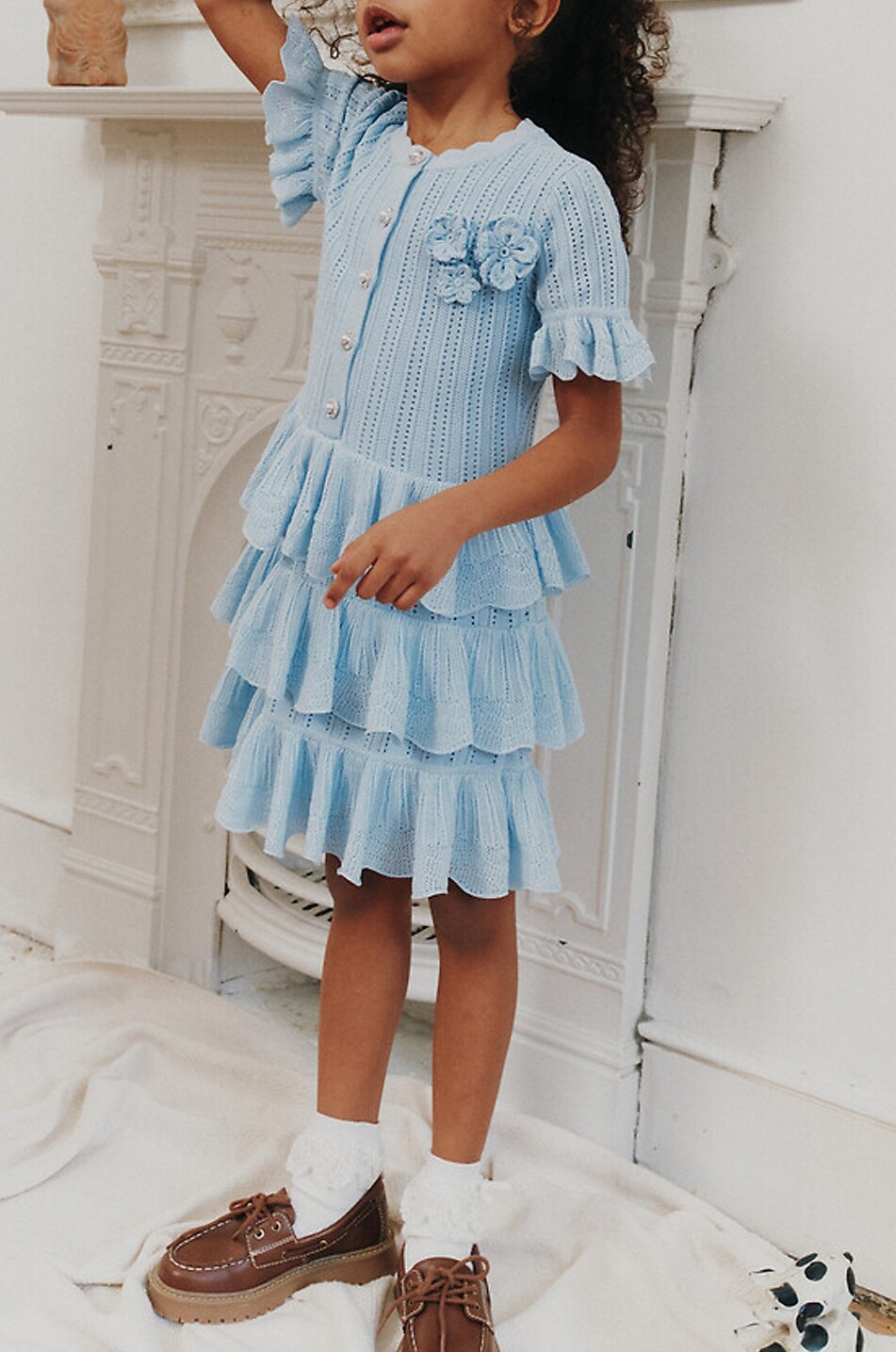 SELF PORTRAIT Girls' short tiered-flounced knit dress Girl LIGHT BLUE 5