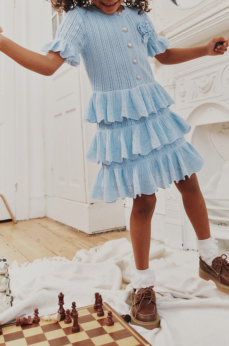 SELF PORTRAIT Girls' short tiered-flounced knit dress Girl LIGHT BLUE 6