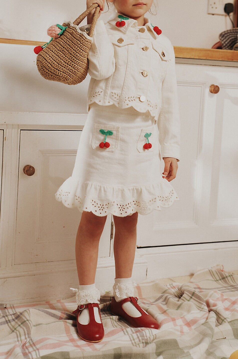 SELF PORTRAIT Kurze Mädchen-Jeansjacke mit Baumwollapplikation Mädchen CREMEFARBEN 2