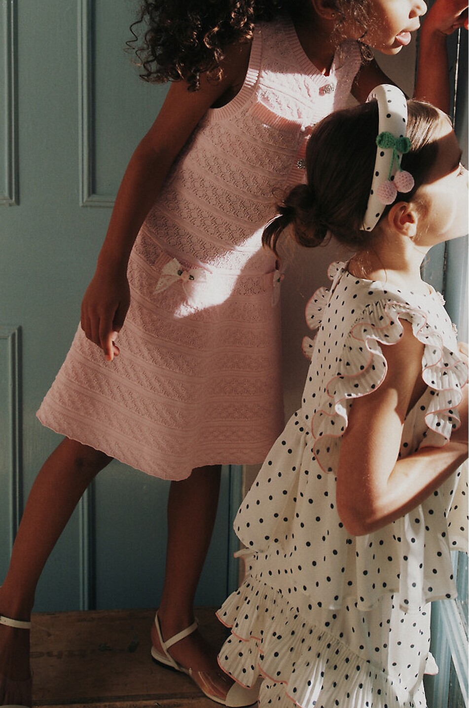 SELF PORTRAIT Lace bow adorned girls' openwork knit sleeveless mini dress Girl LIGHT PINK 3