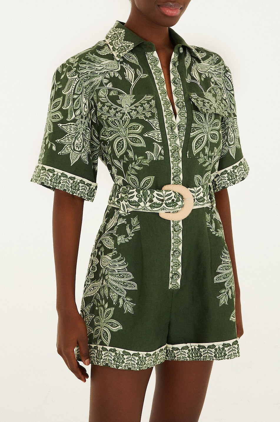 FARM RIO Combi-short à col chemise en lin imprimé Miranda Femme VERT 3
