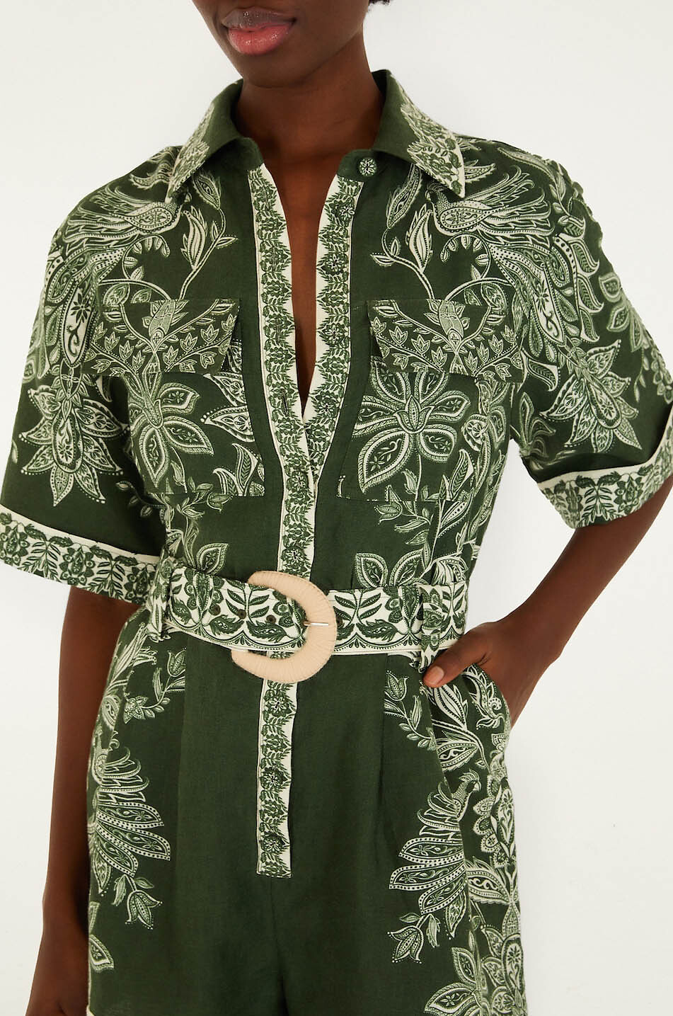 FARM RIO Combi-short à col chemise en lin imprimé Miranda Femme VERT 5