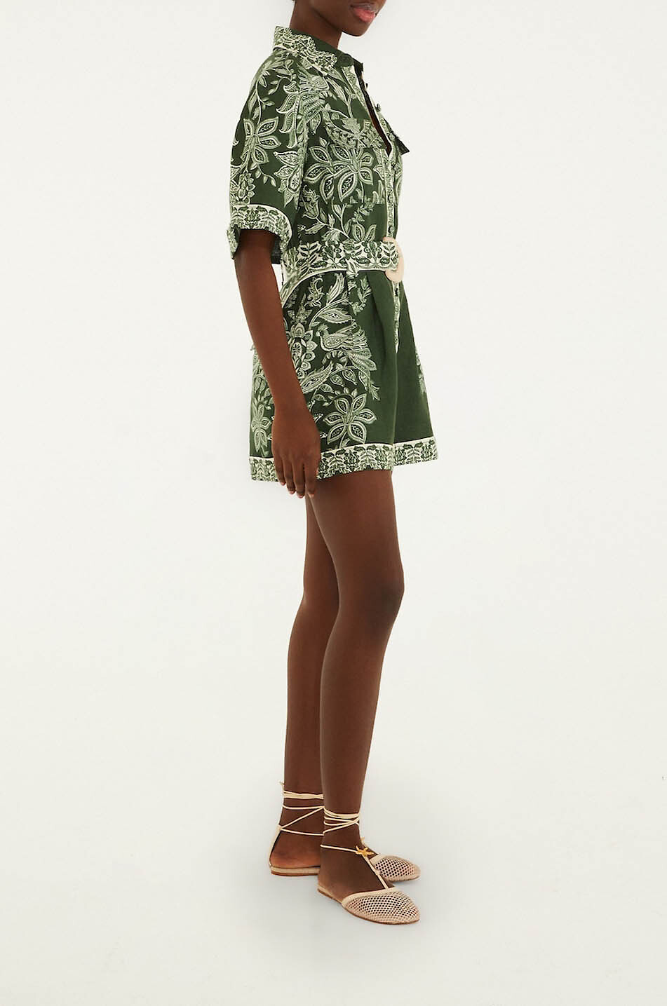 FARM RIO Combi-short à col chemise en lin imprimé Miranda Femme VERT 6