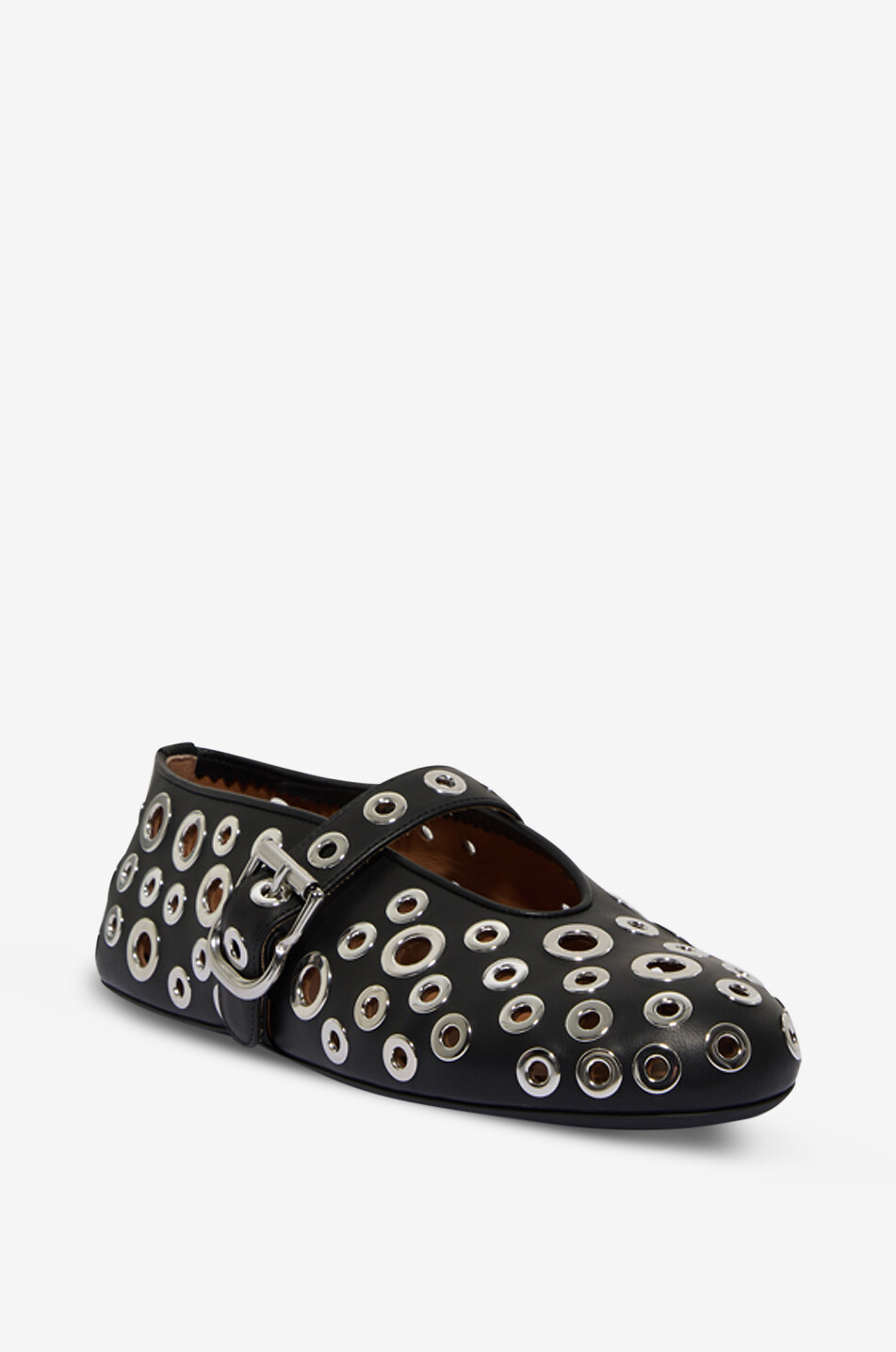 Round-toe leather ballet flats with eyelet embellishments