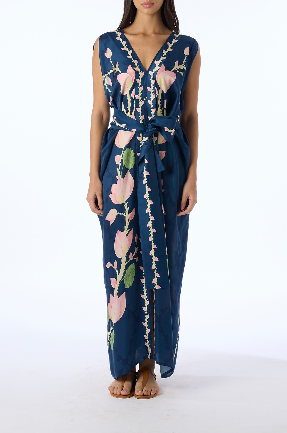 VERANDAH Blooming Lotus Silk Drape belted V-neck maxi dress Women DARK BLUE 2