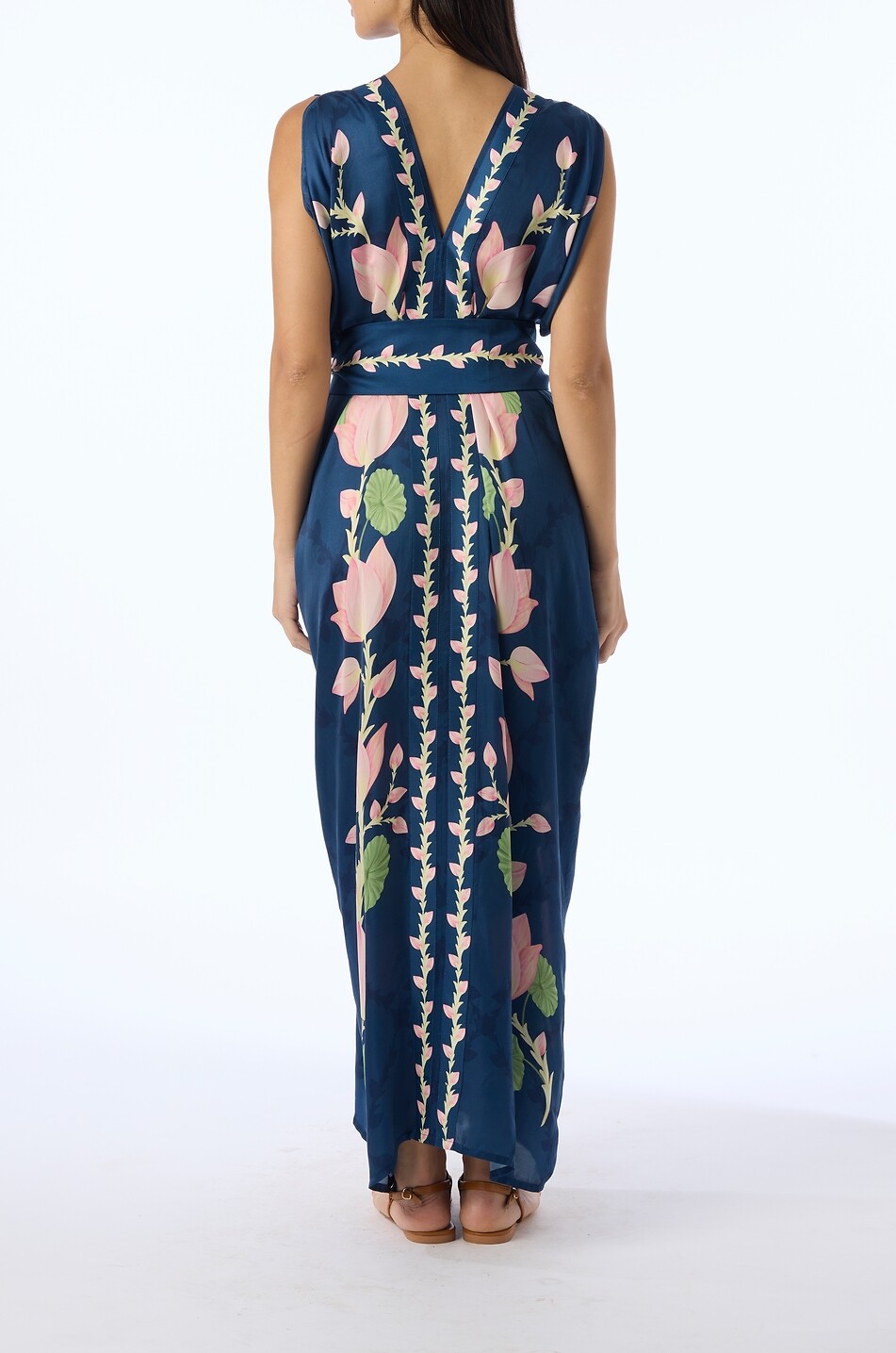 VERANDAH Blooming Lotus Silk Drape belted V-neck maxi dress Women DARK BLUE 3