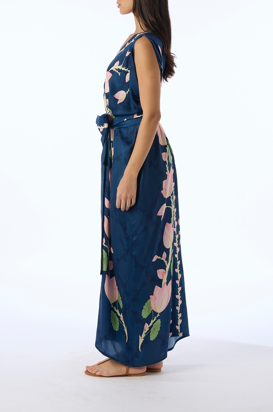 VERANDAH Blooming Lotus Silk Drape belted V-neck maxi dress Women DARK BLUE 4
