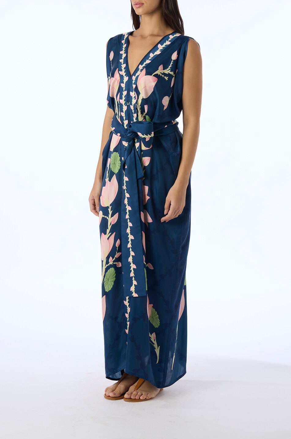 VERANDAH Blooming Lotus Silk Drape belted V-neck maxi dress Women DARK BLUE 5