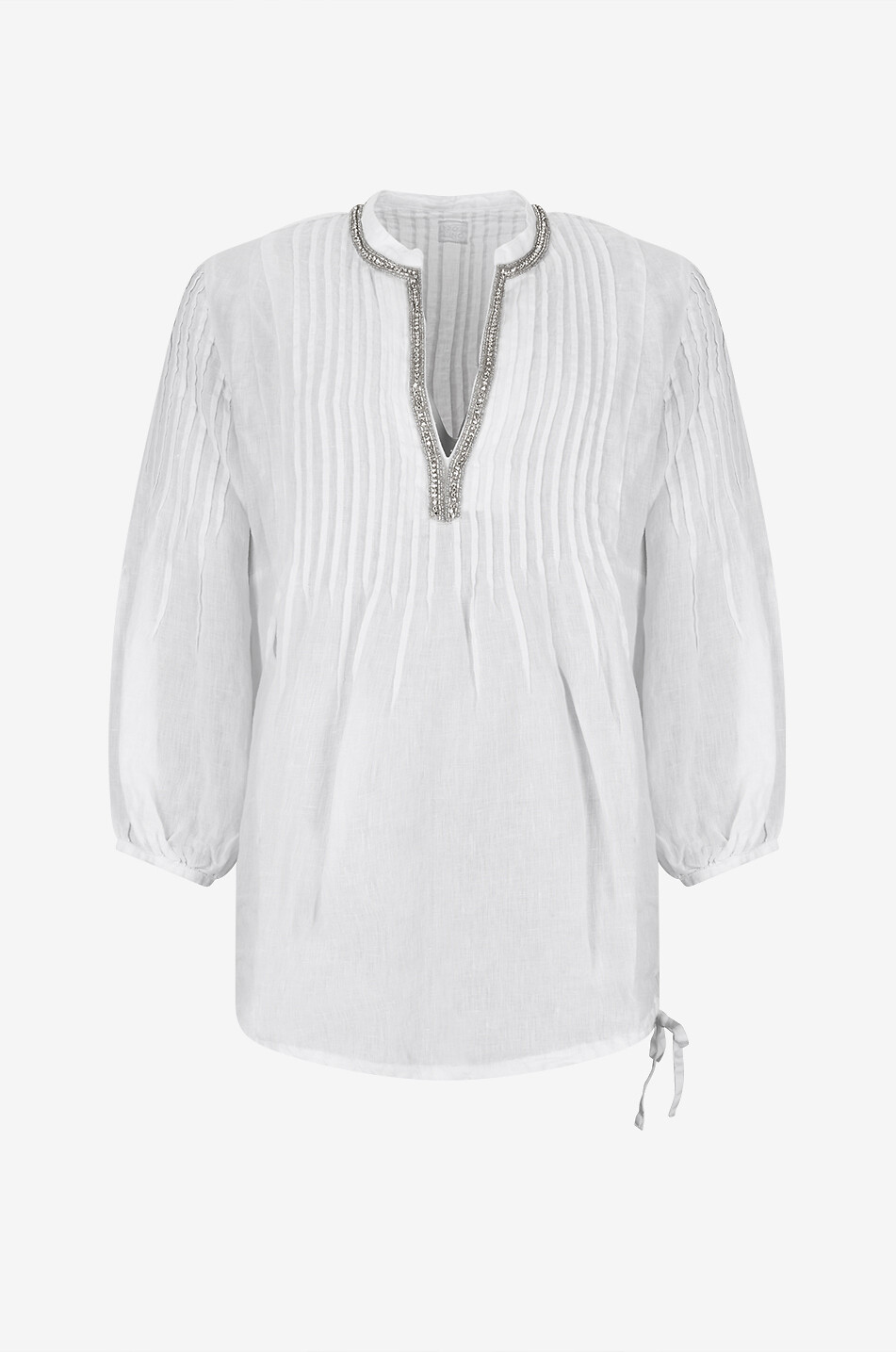 120% LINO Tunika mit V-Ausschnitt und Puffärmeln aus Leinen Damen WEISS 1