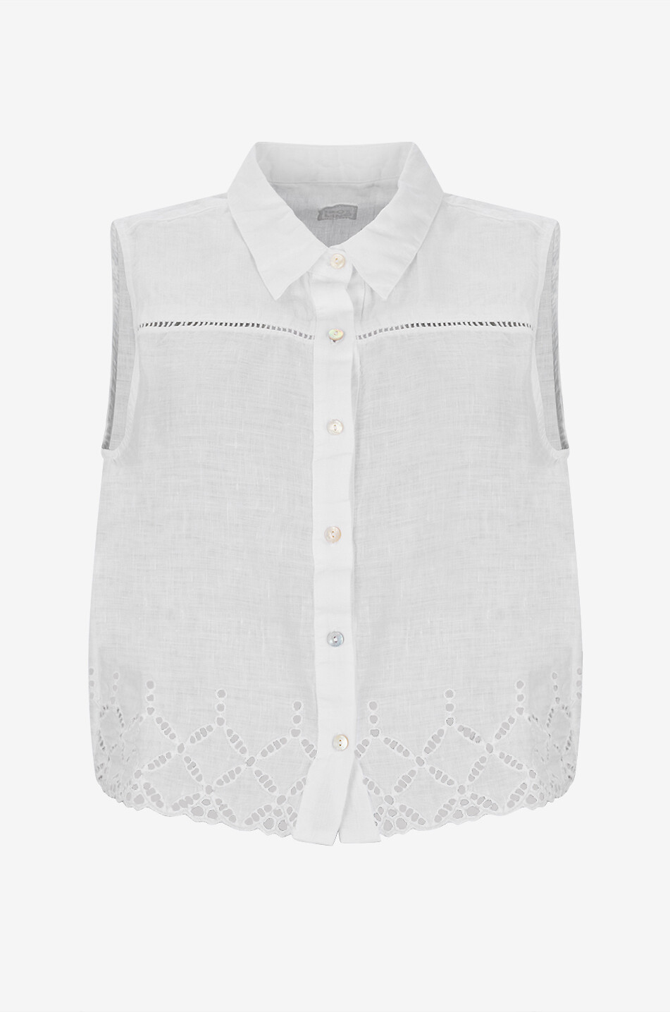 120% LINO Top à col chemise sans manches en lin à broderies anglaises Femme BLANC 1