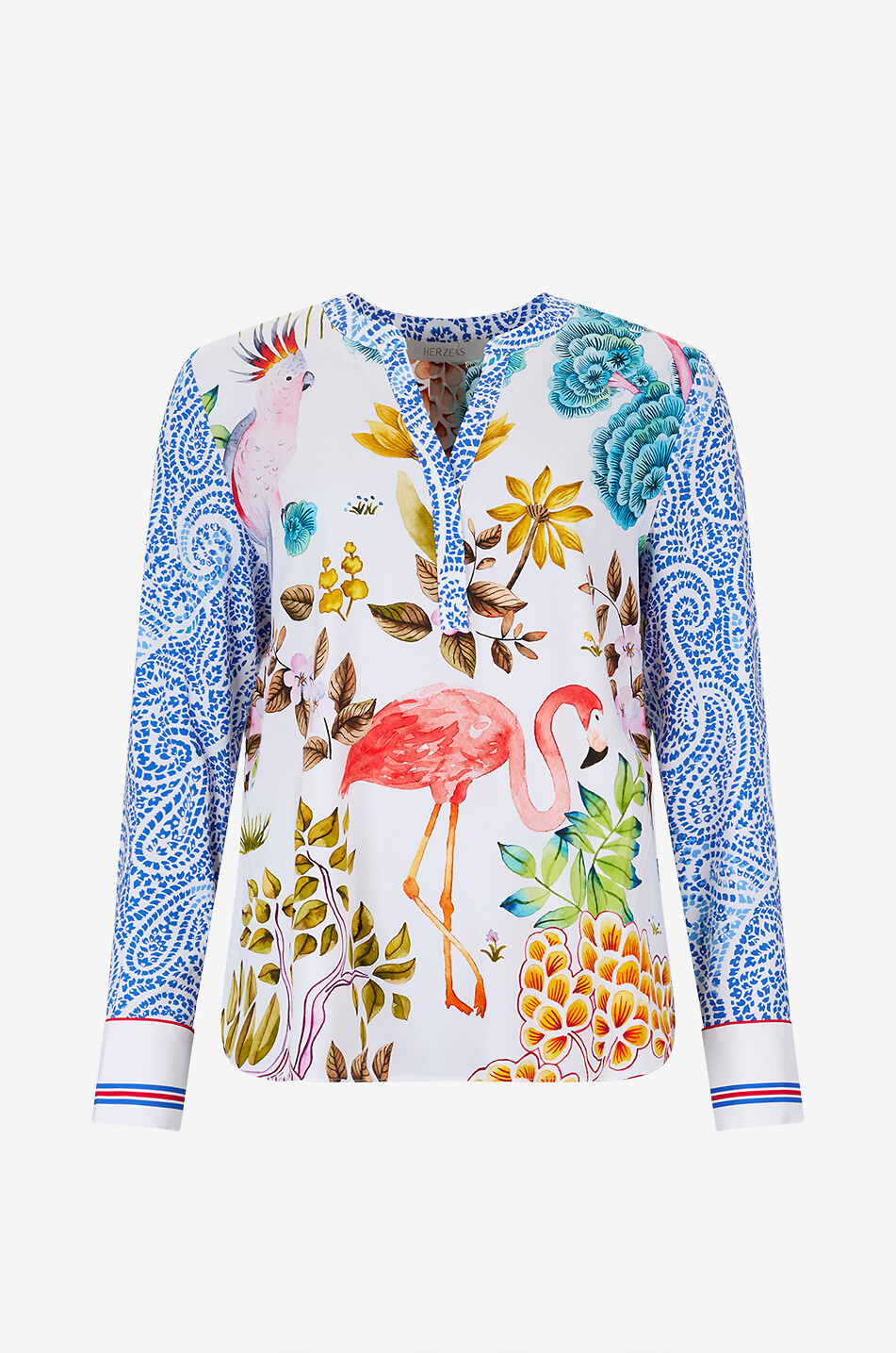 Long-sleeved V-neck blouse in printed silk