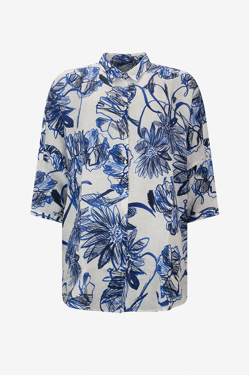 Oversized batwing sleeve shirt in printed linen