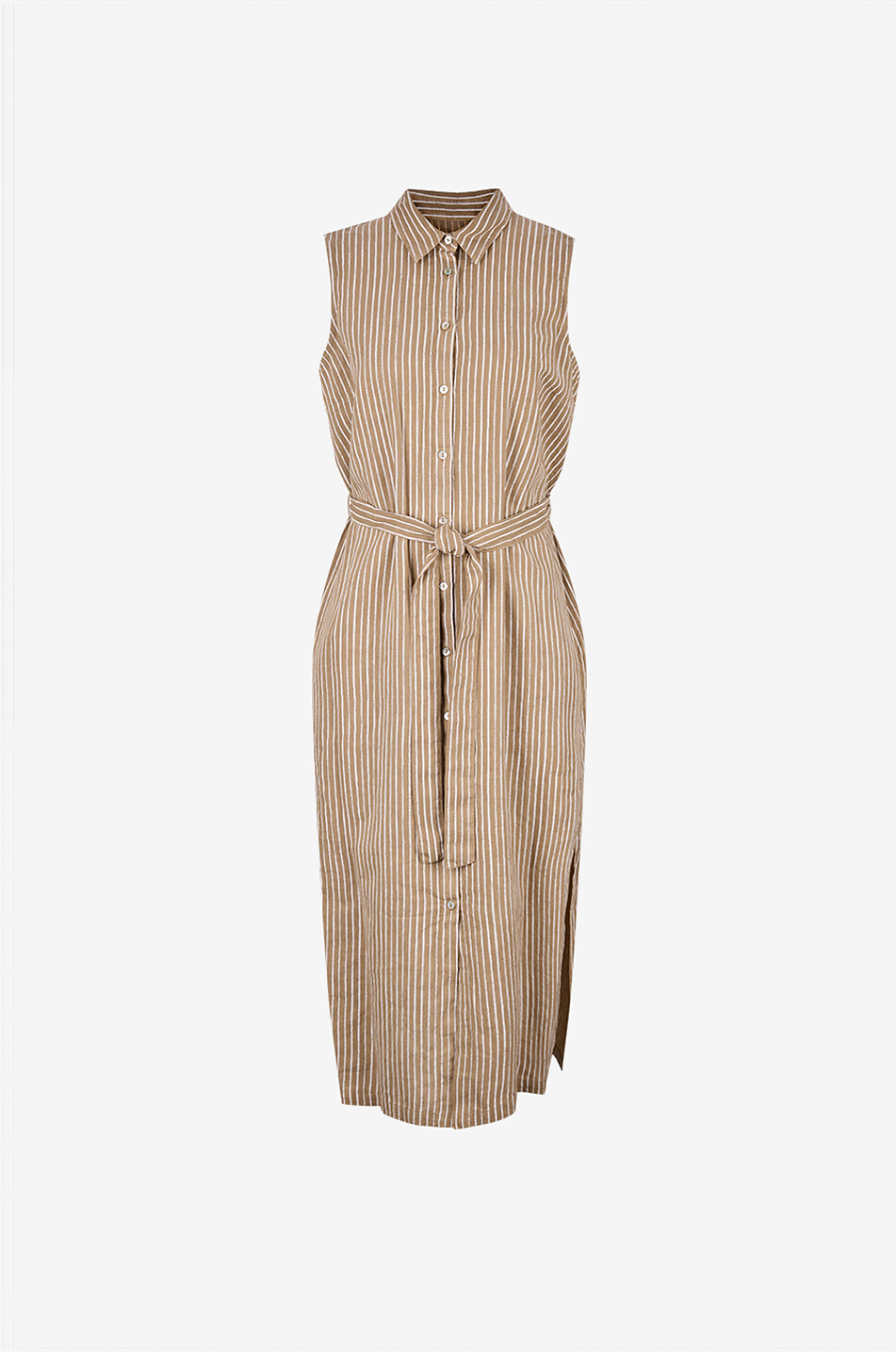 120% LINO Belted striped linen midi shirt dress Women BEIGE 1