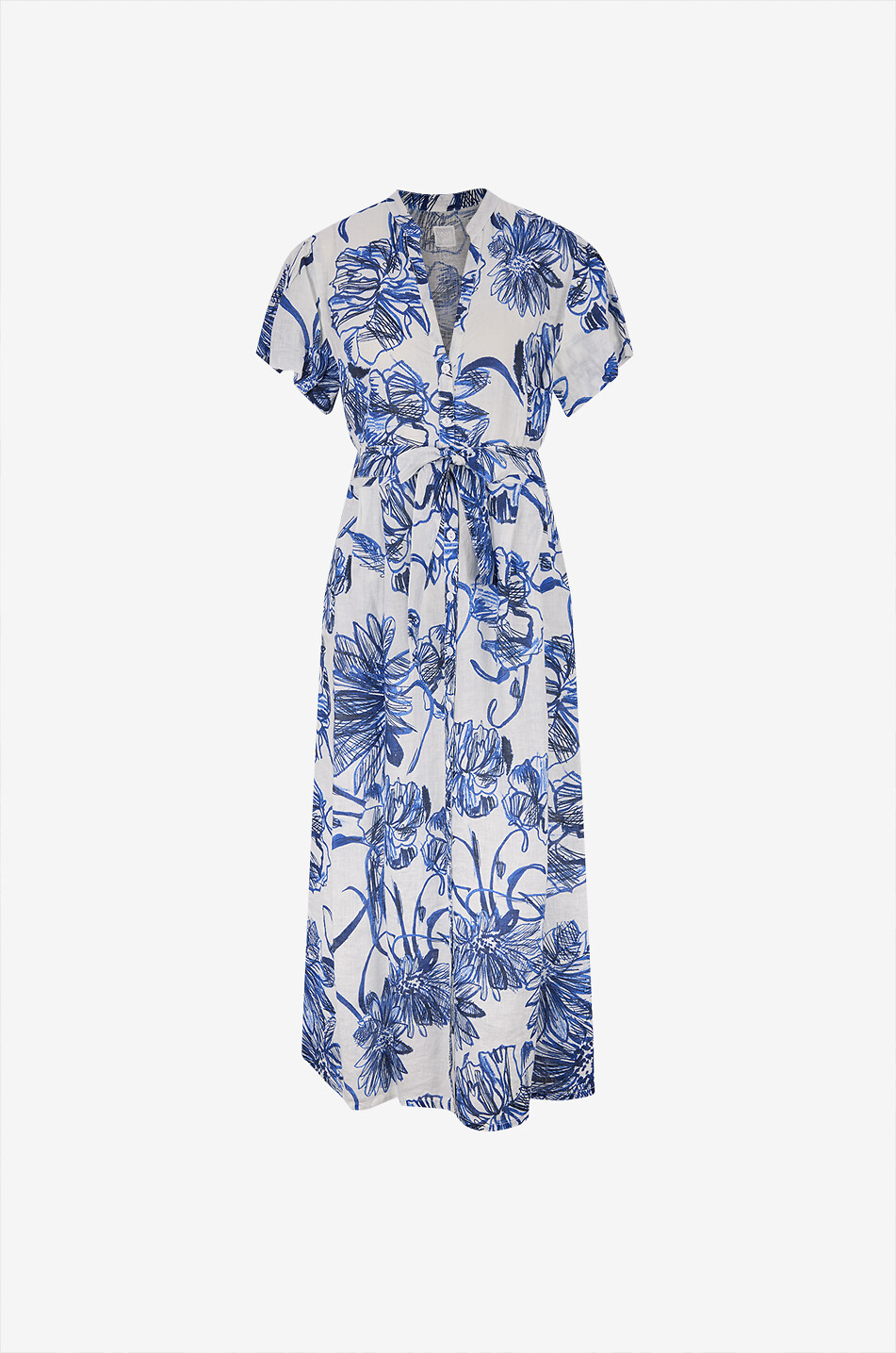 120% LINO Midi linen V-neck shirt dress Women BLUE 1