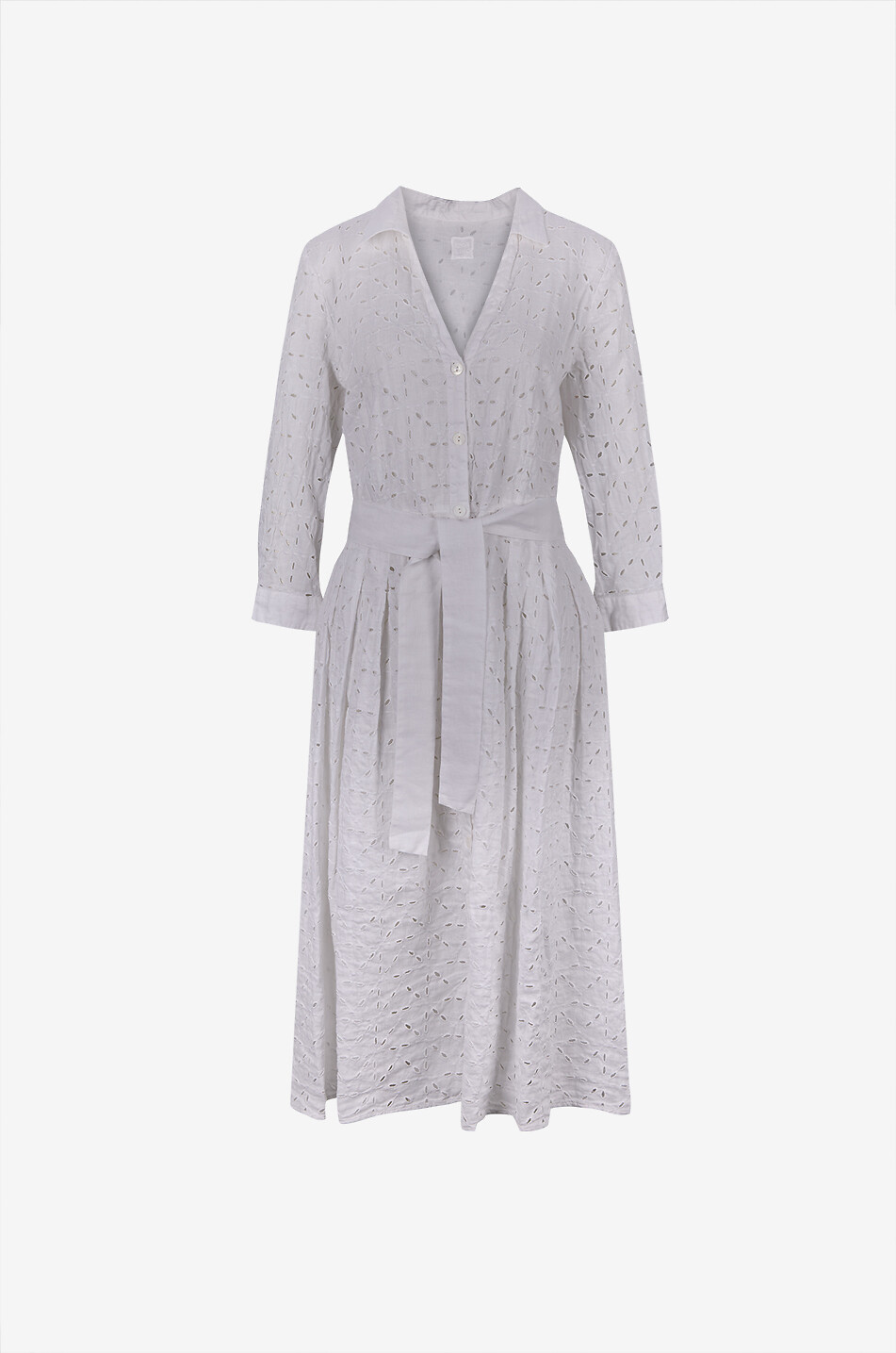 Belted embroidered linen midi shirt dress