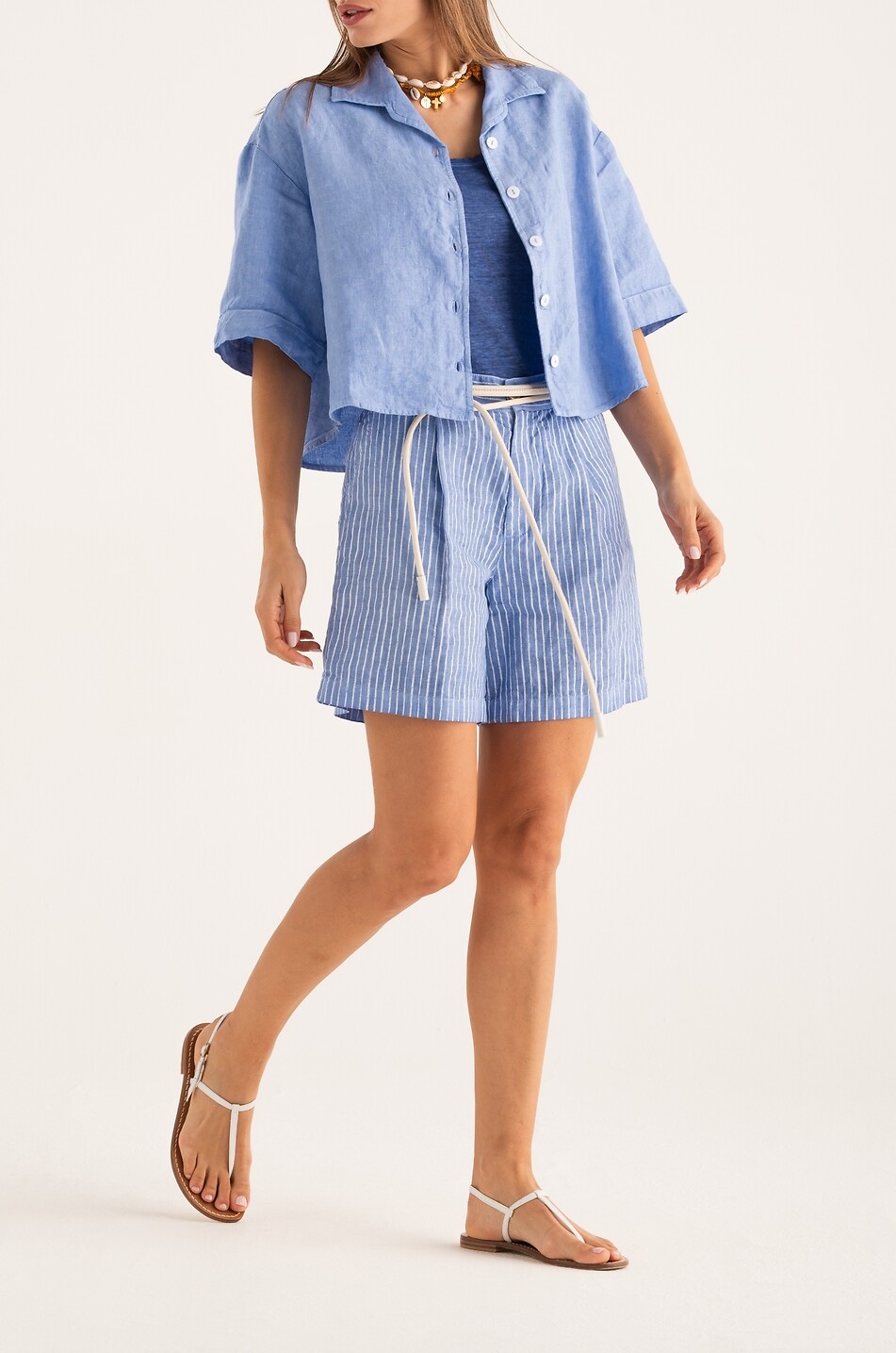 Short rayé en lin avec zip