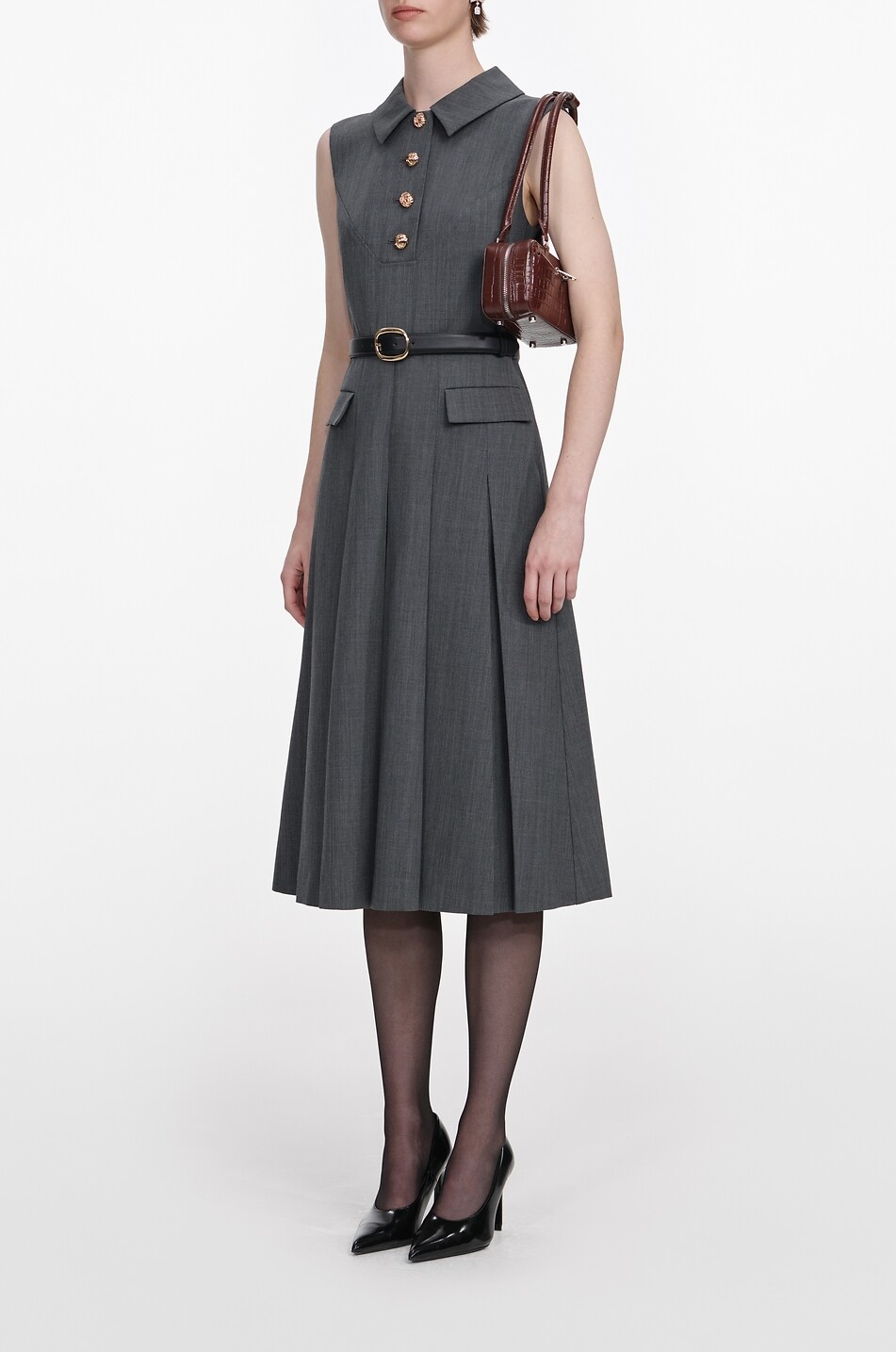SELF PORTRAIT Fitted shirt collar midi dress in blended wool Women GREY 4