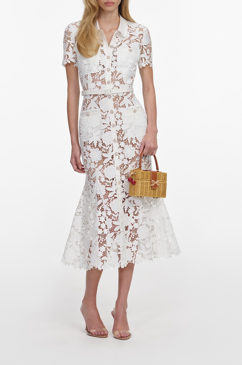 SELF PORTRAIT Fitted mid-length shirt collar floral lace dress Women WHITE 2
