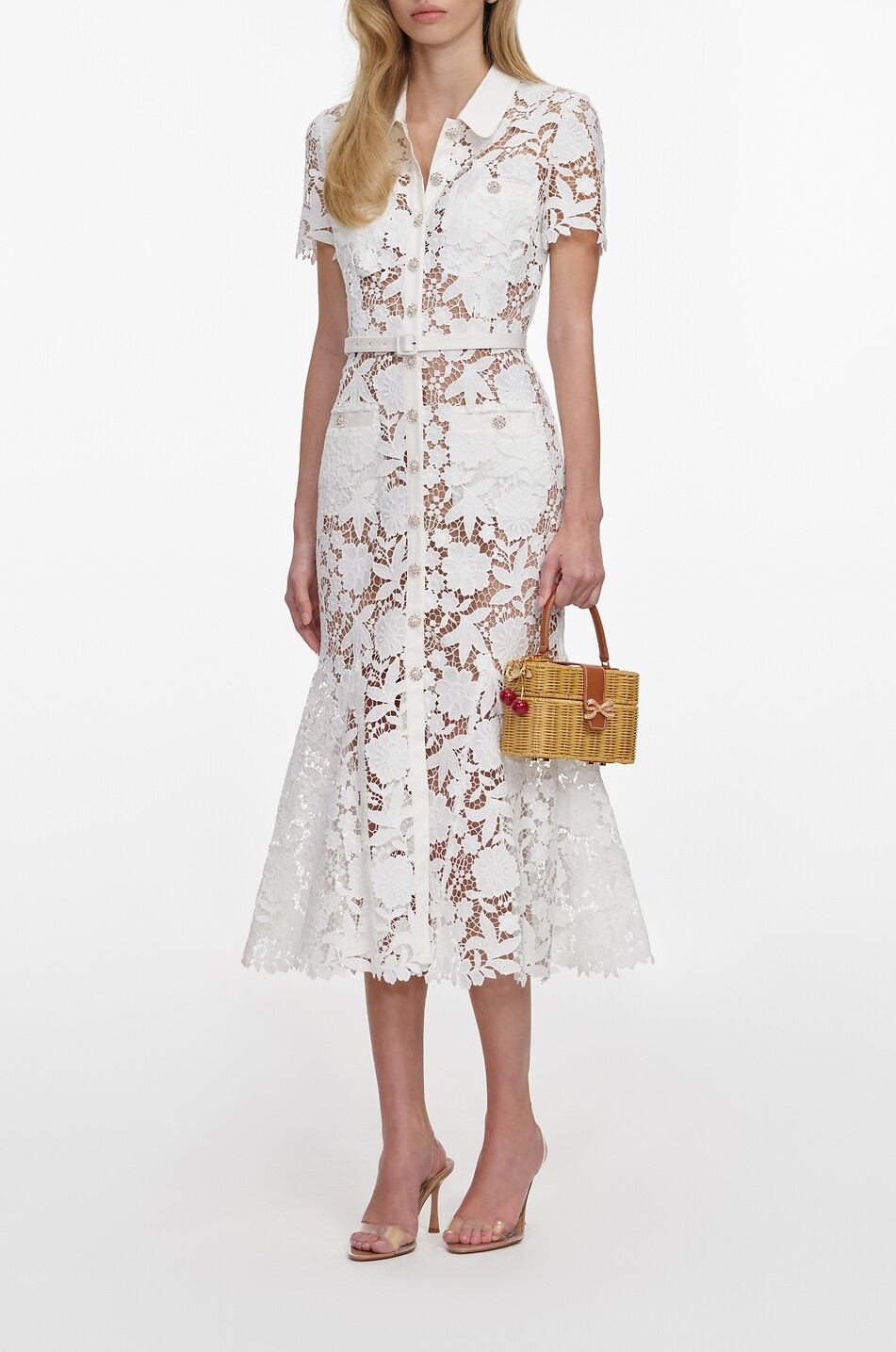 SELF PORTRAIT Fitted mid-length shirt collar floral lace dress Women WHITE 4