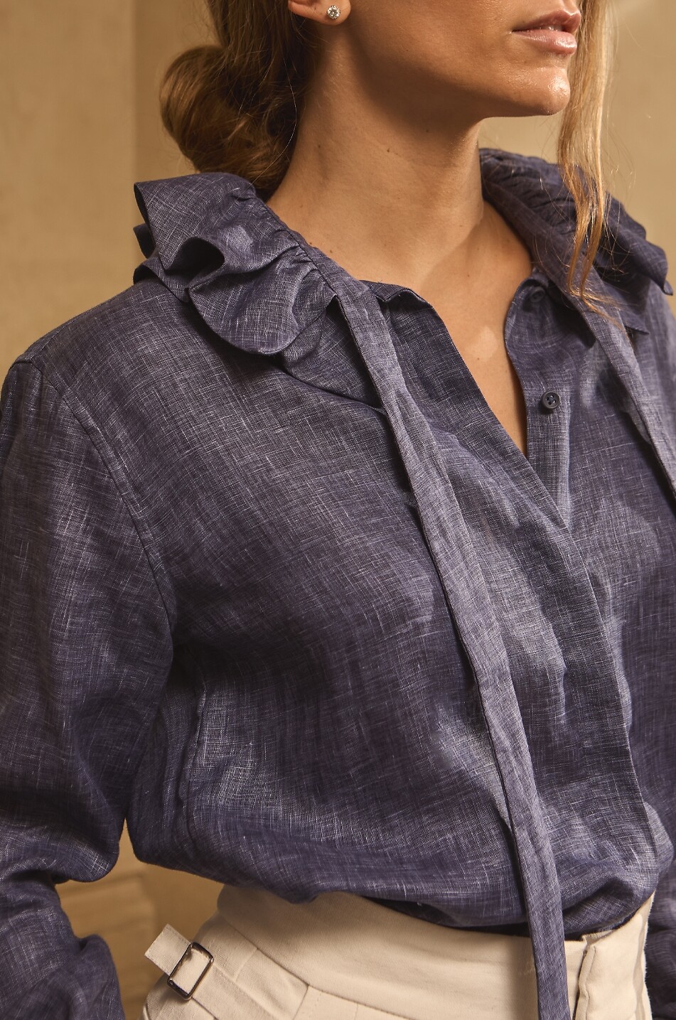 BOURRIENNE PARIS X Chemise ajustée à col à ruches en lin Pastel Femme BLEU FONCE 6