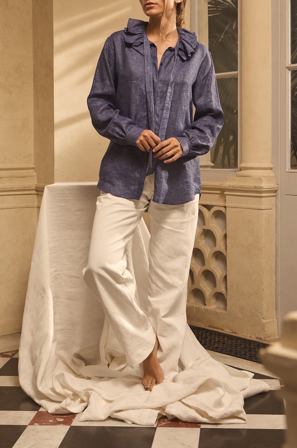 BOURRIENNE PARIS X Chemise ajustée à col à ruches en lin Pastel Femme BLEU FONCE 7