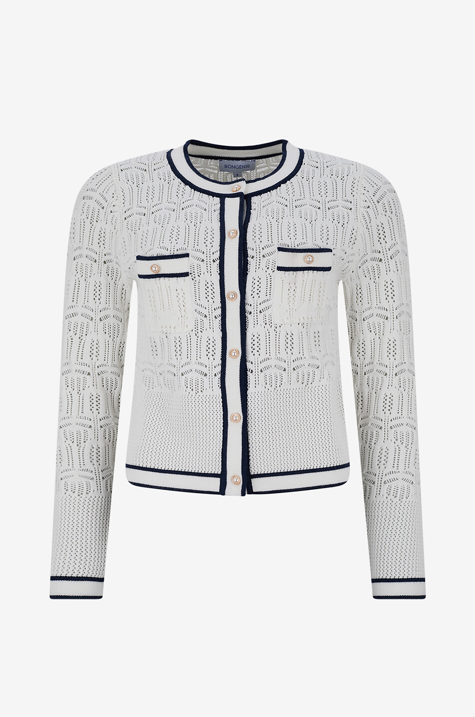 BONGENIE Cardigan mit Rundhalsausschnitt aus Lochmuster-Strick Damen WEISS 1