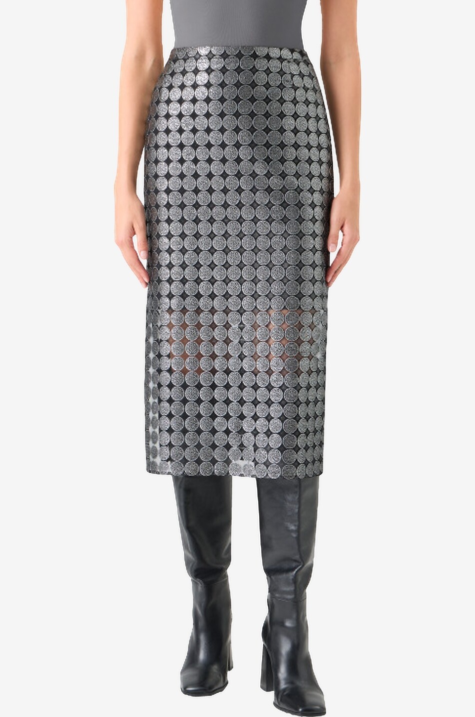 AKRIS PUNTO Jupe crayon ajourée à pois métallisés Femme GRIS MOYEN 3