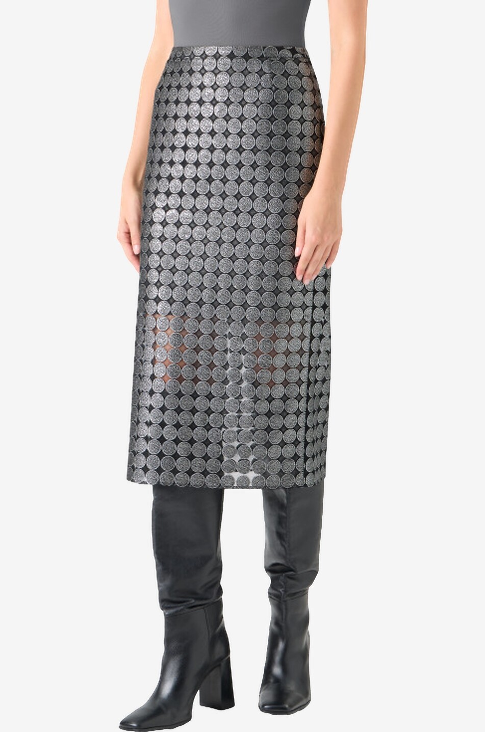 AKRIS PUNTO Jupe crayon ajourée à pois métallisés Femme GRIS MOYEN 6