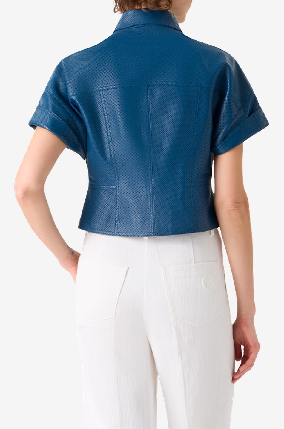 AKRIS PUNTO Short fitted perforated leather jacket Women DARK BLUE 4