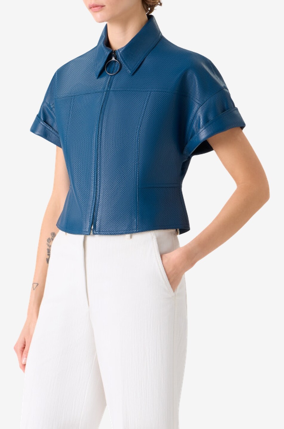 AKRIS PUNTO Short fitted perforated leather jacket Women DARK BLUE 6